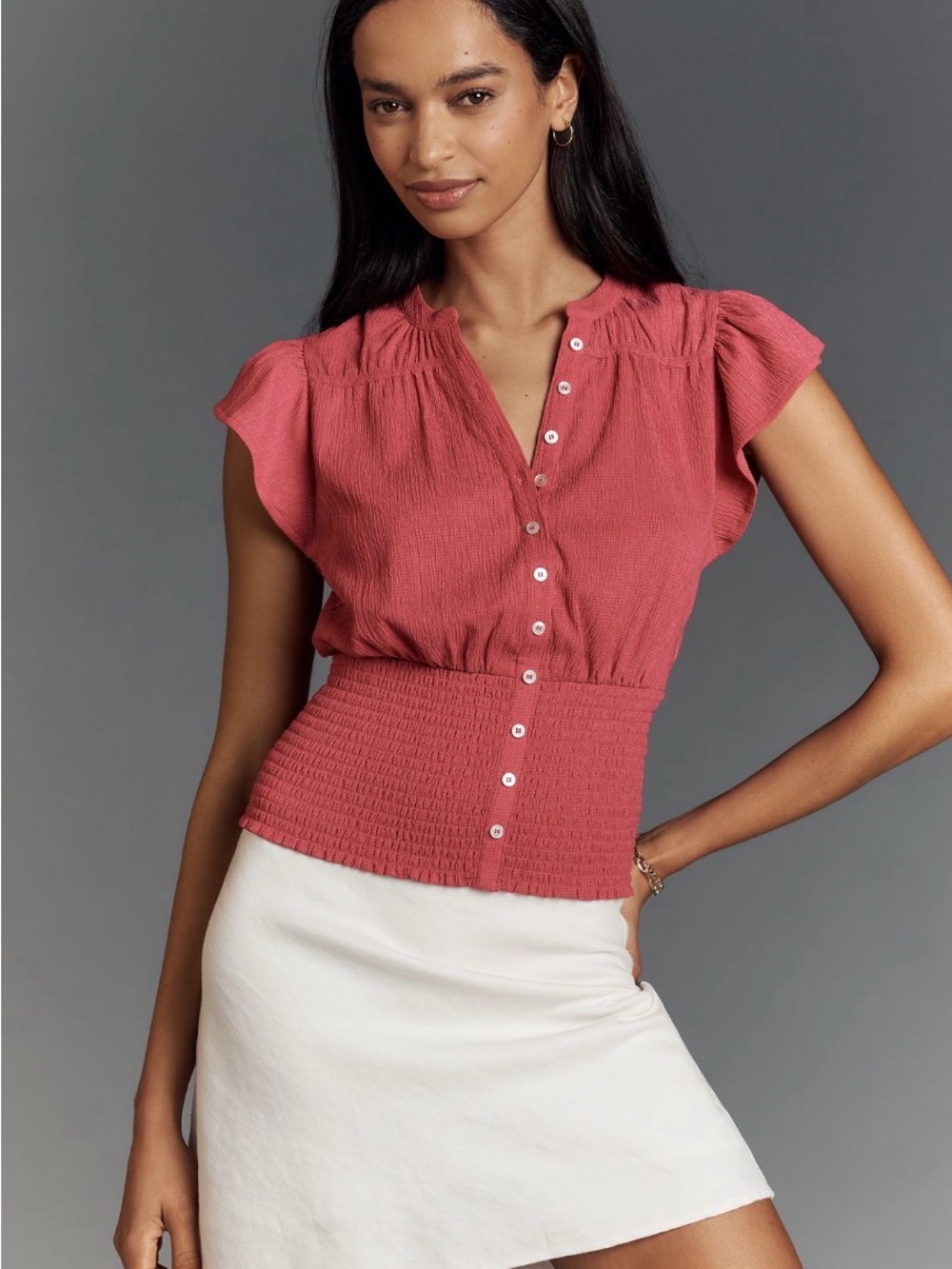 Maeve Rose-Pink Smocked Button-Front Blouse